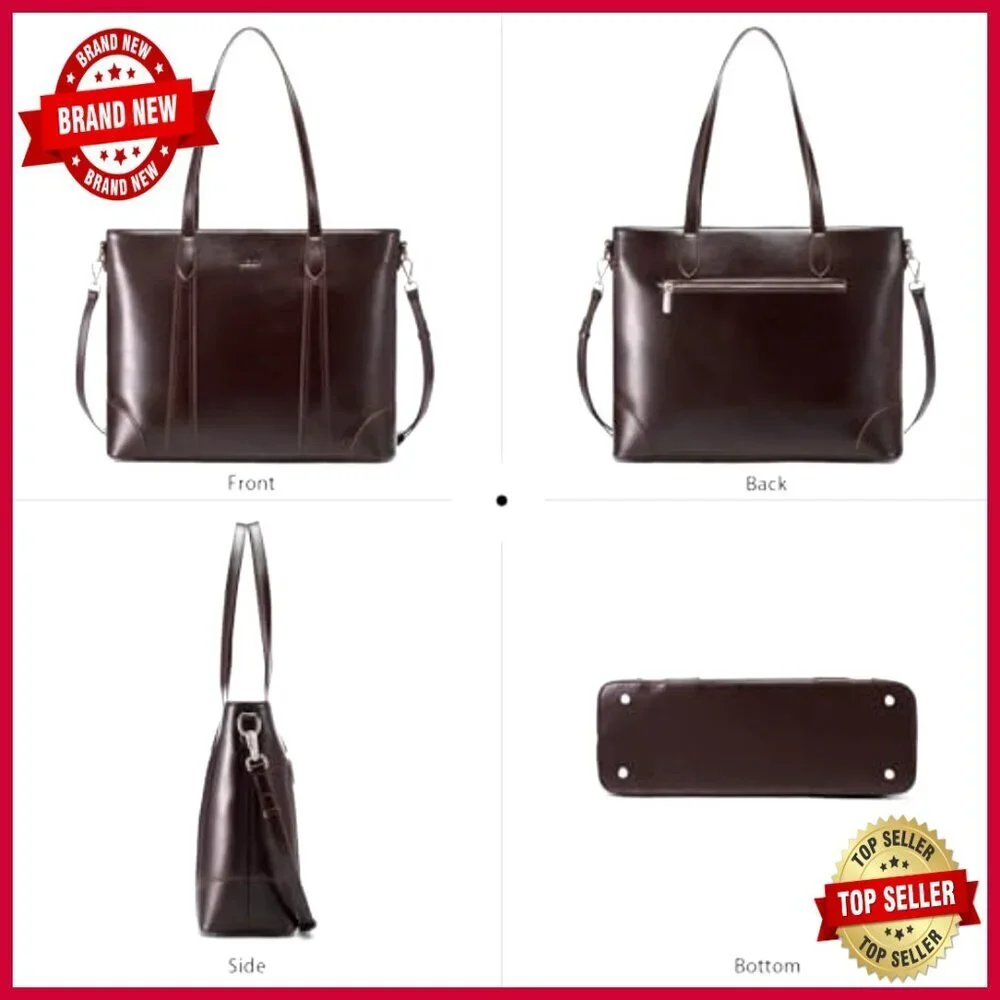 Large Leather Tote Bag with Multiple Pockets, Adjustable Strap, Vintage Style